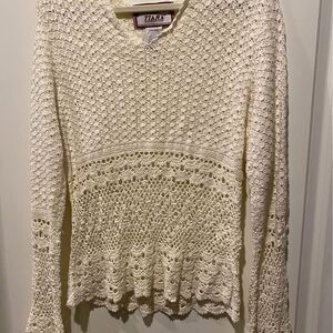 🌸 Tiara International Crochet Knit Sweater – Ivory Boho Festival Vintage